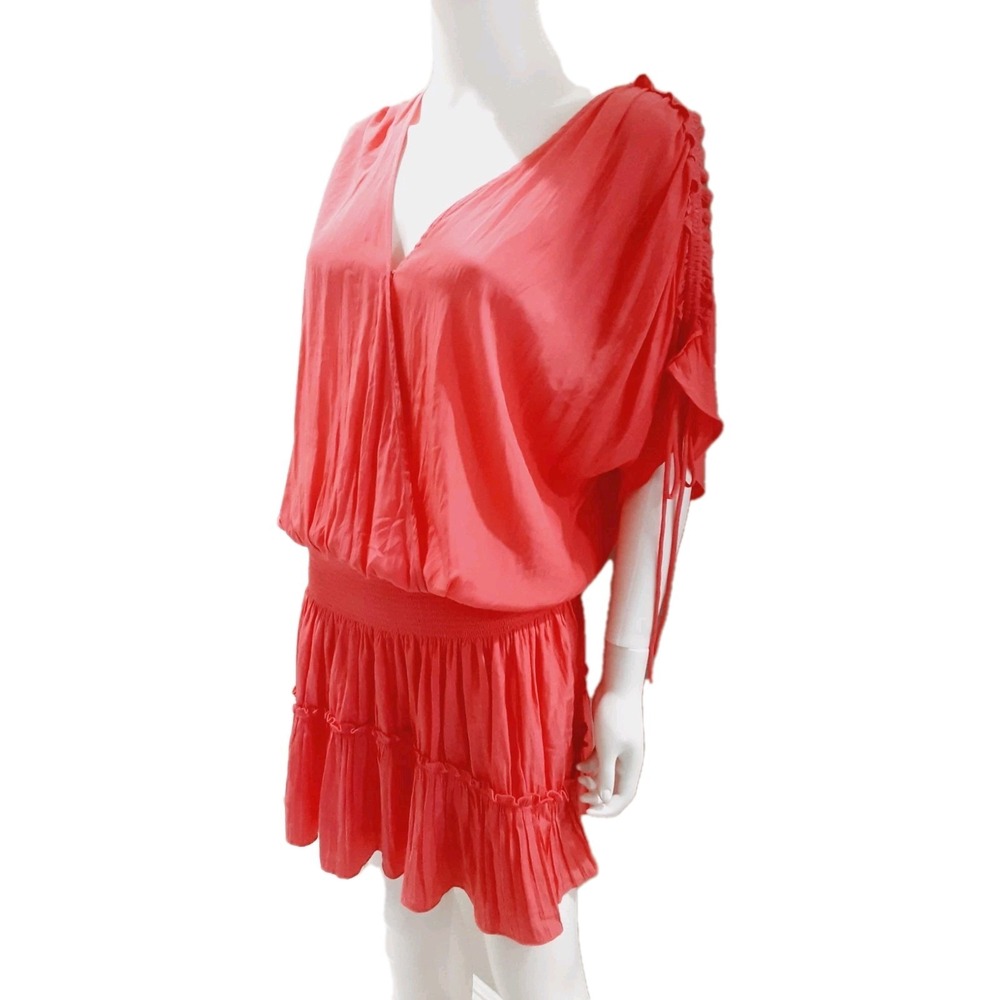 Ramy Brook Tilda Dress Boho Chic Glam Smocked Waist Mini Coral Pink SZ XL